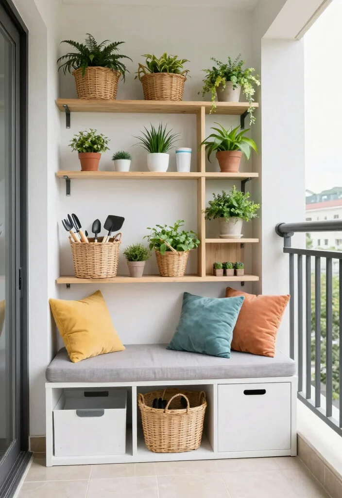 15 Balcony Garden Decor Ideas With Fresh Green Charm - 12. Functional Storage Solutions 1
