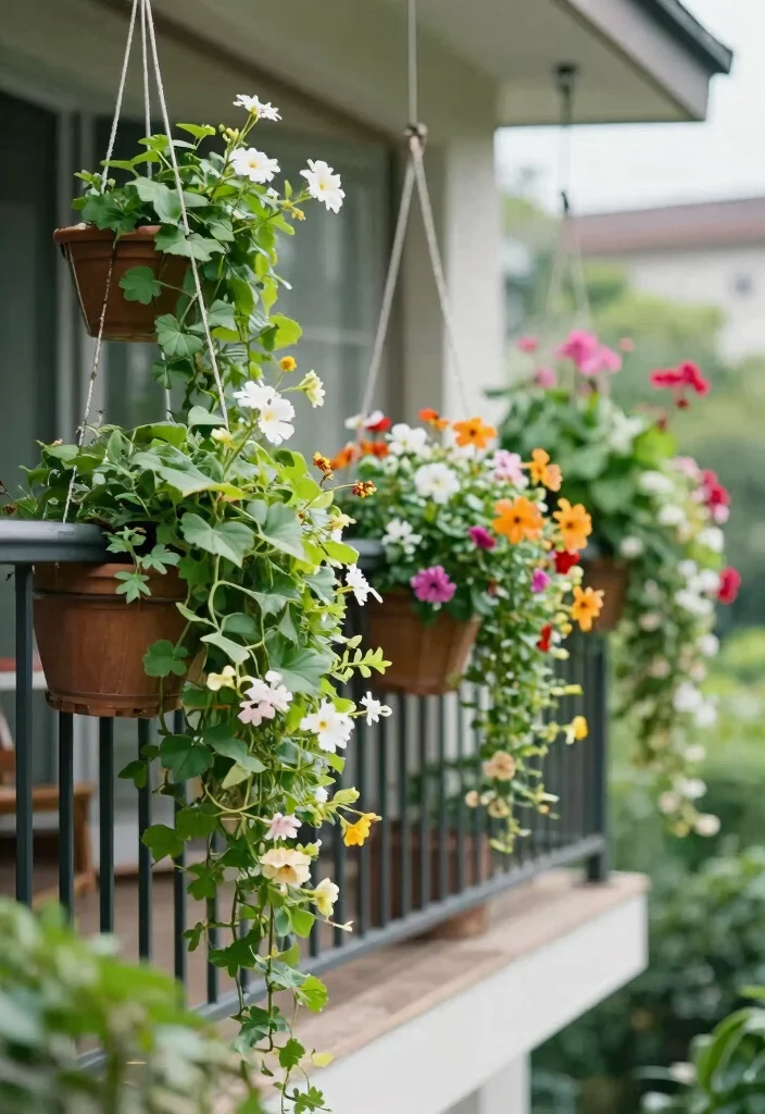 15 Balcony Garden Decor Ideas With Fresh Green Charm - 13. Hanging Planters for Depth 1