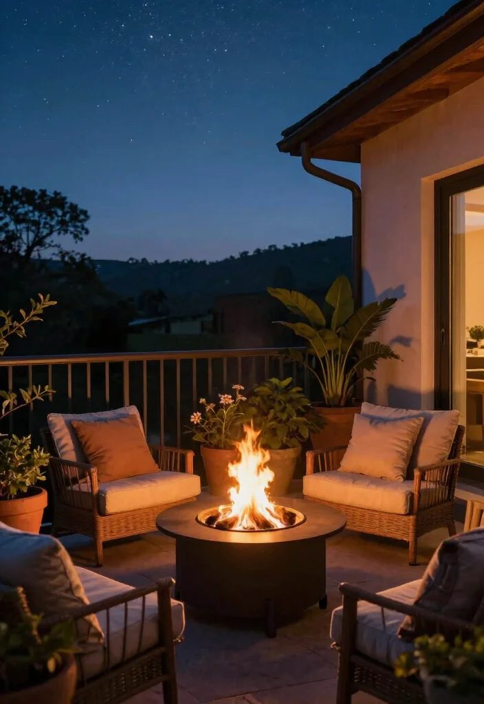 15 Balcony Garden Decor Ideas With Fresh Green Charm - 14. Cozy Fire Pit for Ambiance 1