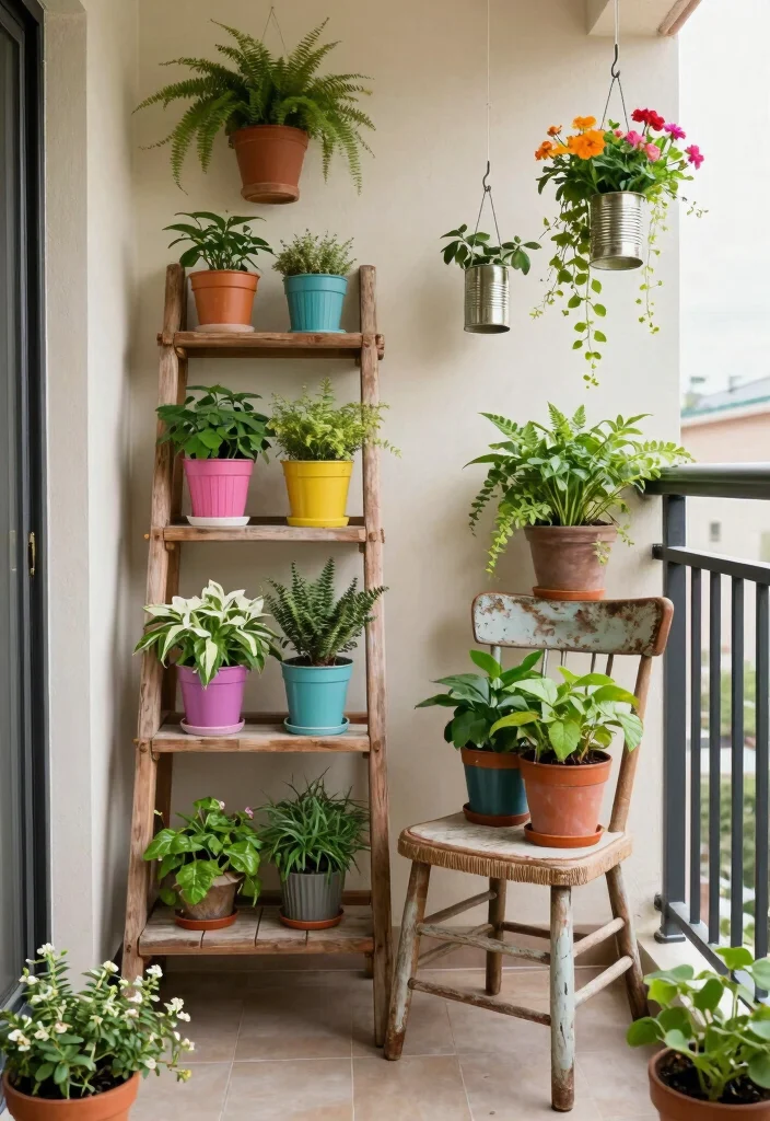 15 Balcony Garden Decor Ideas With Fresh Green Charm - 5. Upcycled Decor Accents 1