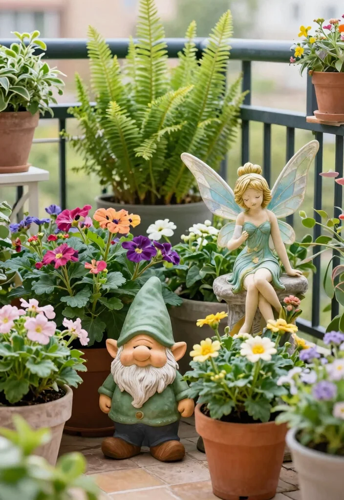 15 Balcony Garden Decor Ideas With Fresh Green Charm - 6. Whimsical Garden Statues 1