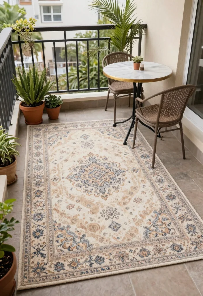 15 Balcony Garden Decor Ideas With Fresh Green Charm - 7. Textured Rugs for Comfort 1