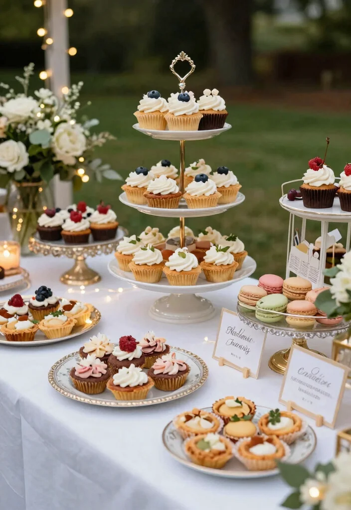 15 Classy Backyard Wedding Ideas With Elegant Details - 14. Elevated Dessert Stations 1