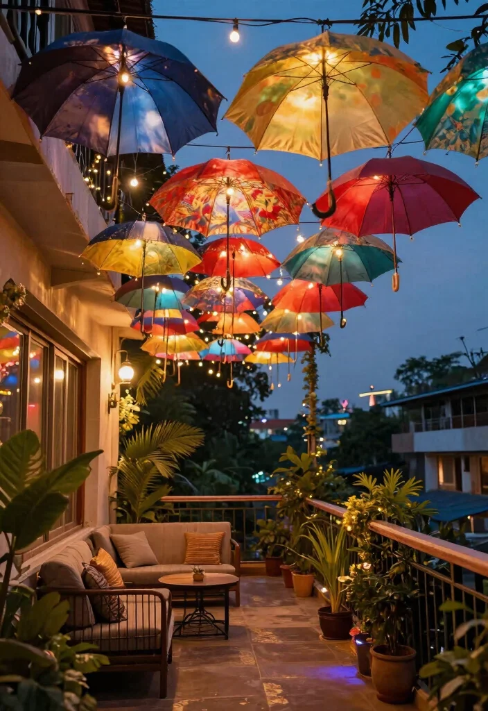 15 Diwali Lighting Ideas for Balcony That Sparkle Bright - 10. Colorful Umbrella Lights 1
