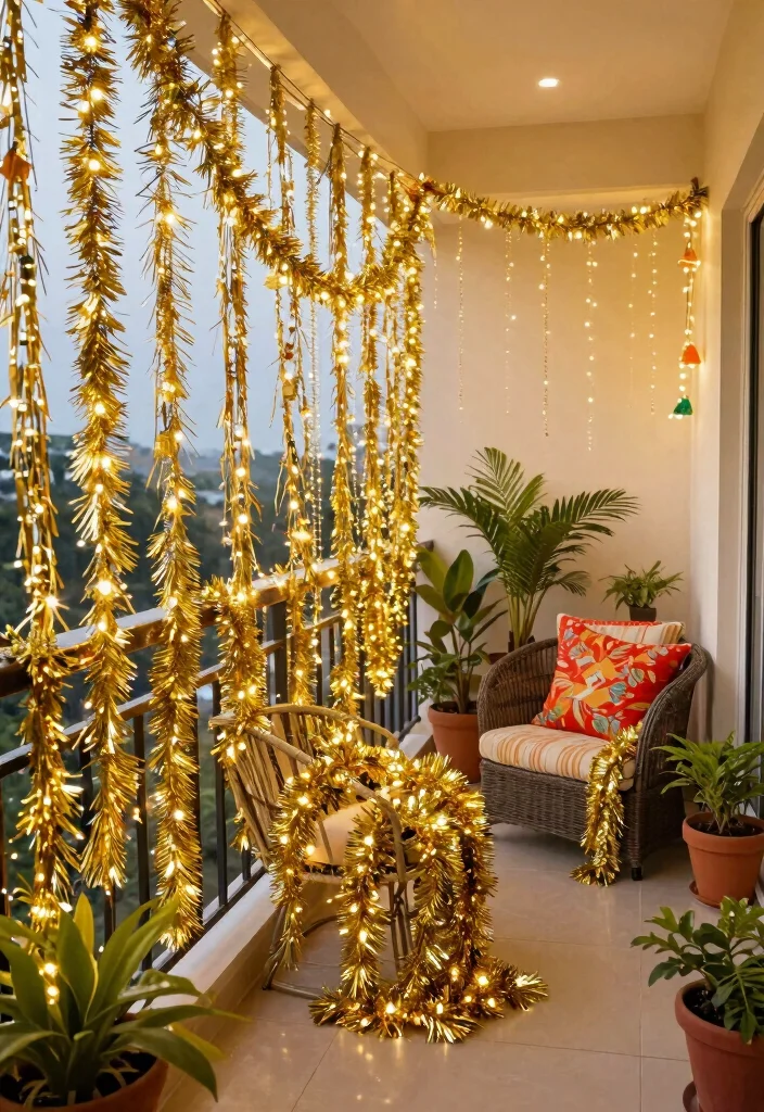 15 Diwali Lighting Ideas for Balcony That Sparkle Bright - 12. DIY Tinsel Garland 1