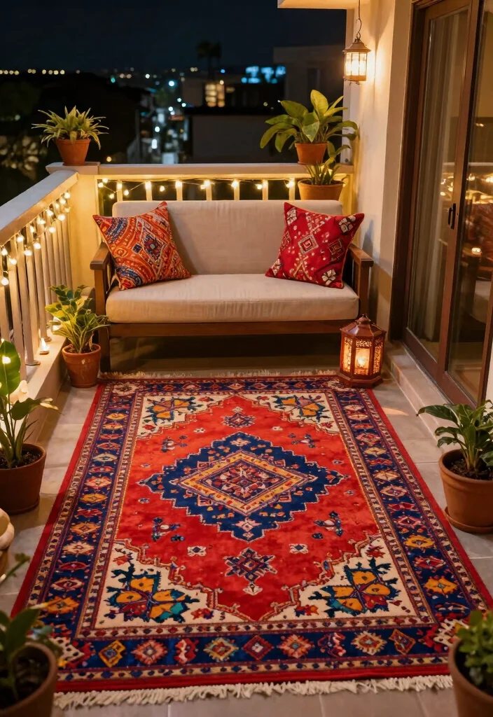 15 Diwali Lighting Ideas for Balcony That Sparkle Bright - 15. Brightly Colored Rugs 1