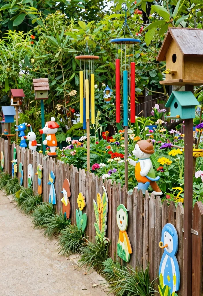 15 Fence Line Landscaping Ideas With Beautiful Borders - 15. Whimsical Garden Art 1