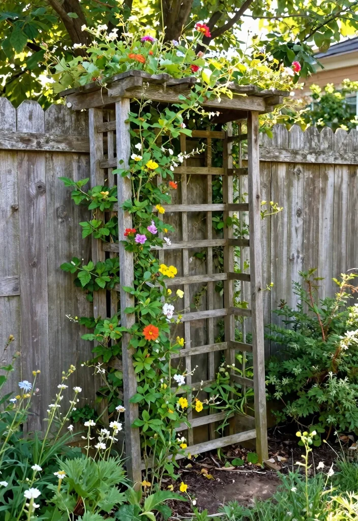 15 Fence Line Landscaping Ideas With Beautiful Borders - 3. Rustic Trellis with Climbing Plants 1