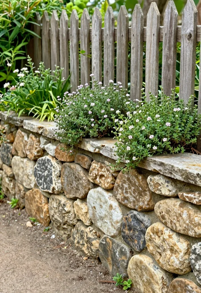 15 Fence Line Landscaping Ideas With Beautiful Borders - 5. Decorative Stone Wall Border 1