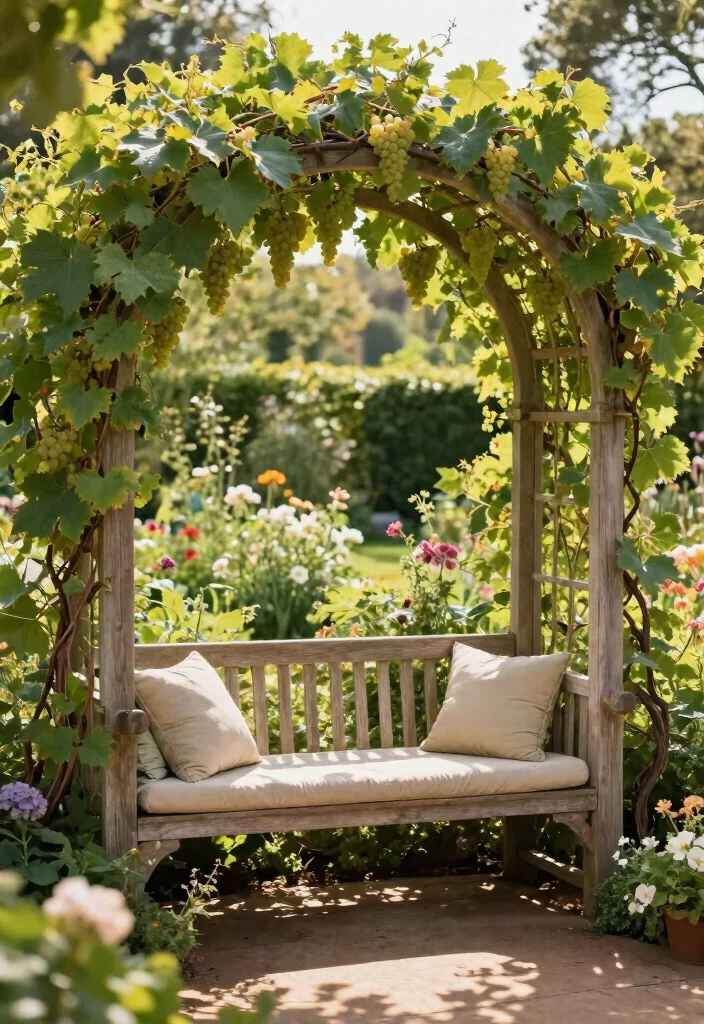 15 Grape Vine Trellis Ideas for a Charming Garden - 10. Garden Arch with Benches 1