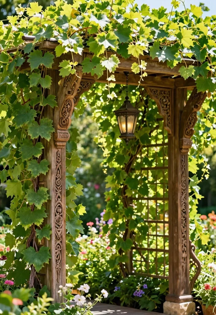 15 Grape Vine Trellis Ideas for a Charming Garden - 12. Trellis with Decorative Accents 1
