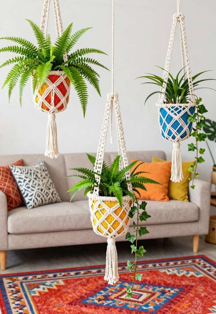 15 Macrame Hanging Planter Ideas With Boho Charm - 3. Colorful Boho Macrame Planters 1