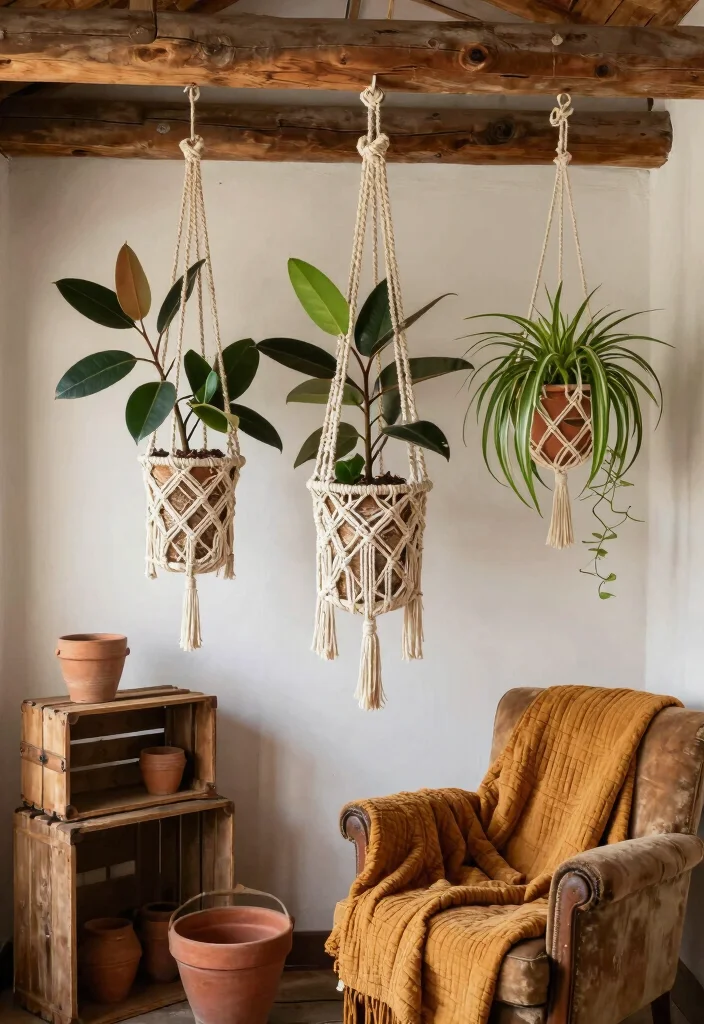 15 Macrame Hanging Planter Ideas With Boho Charm - 4. Rustic Farmhouse Macrame Planters 1