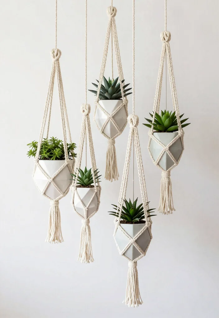 15 Macrame Hanging Planter Ideas With Boho Charm - 5. Geometric Macrame Planters 1