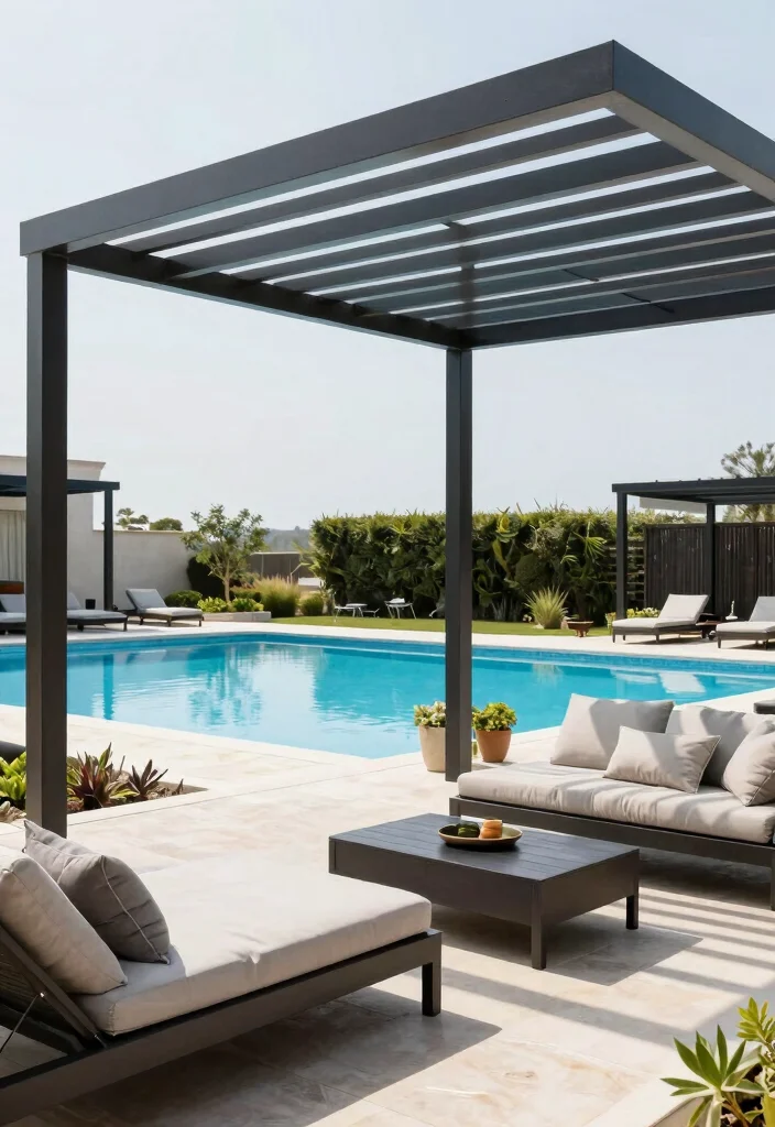 15 Metal Pergola Steel Ideas With Modern Edge - 14. Contemporary Poolside 1