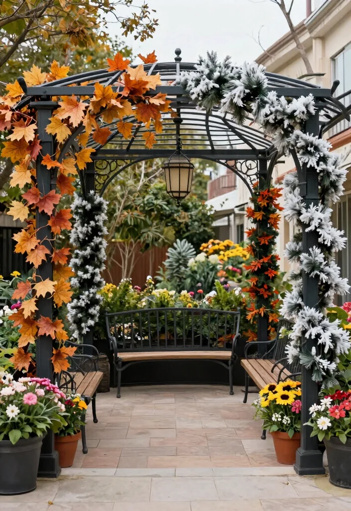 15 Metal Pergola Steel Ideas With Modern Edge - 15. Seasonal Decor 1