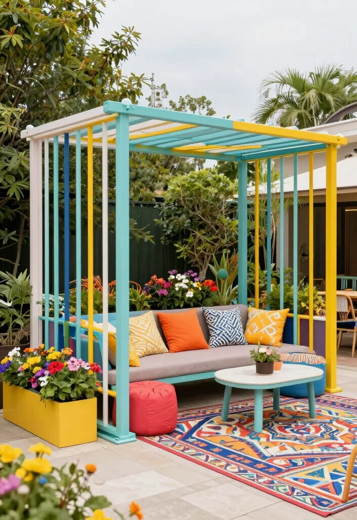 15 Metal Pergola Steel Ideas With Modern Edge - 9. Colorful Accents 1