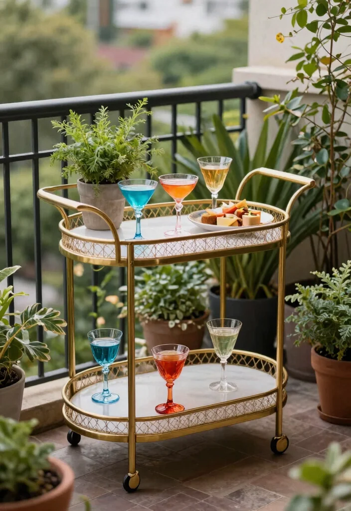 15 Narrow Balcony Ideas That Make Small Spaces Shine 11 15 Narrow Balcony Ideas That Make Small Spaces Shine - 11. Functional Bar Cart 1
