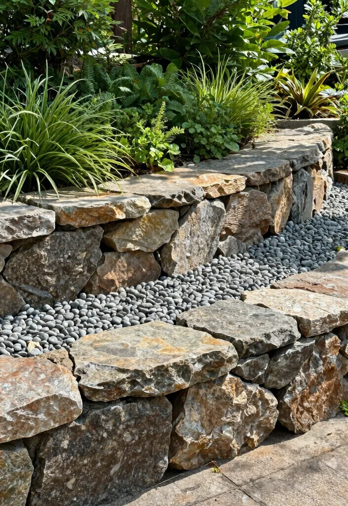15 Pea Gravel Backyard Ideas With Simple Rustic Texture - 10. Pea Gravel Retaining Wall 1