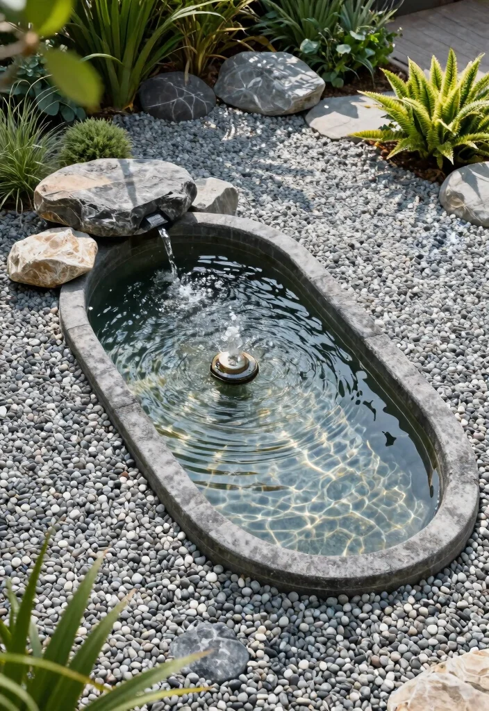 15 Pea Gravel Backyard Ideas With Simple Rustic Texture - 11. Water Feature with Pea Gravel Surround 1