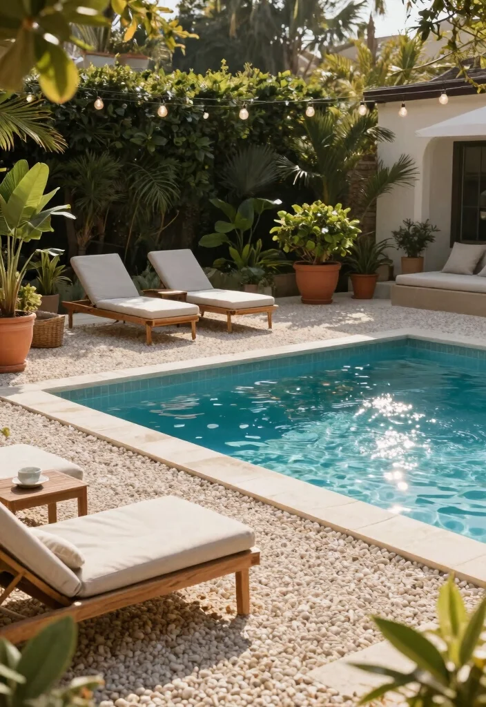15 Pea Gravel Backyard Ideas With Simple Rustic Texture - 15. Pea Gravel Poolside Oasis 1