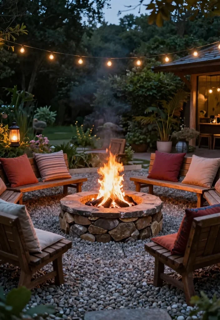 15 Pea Gravel Backyard Ideas With Simple Rustic Texture - 2. Cozy Fire Pit Encircled by Gravel 1