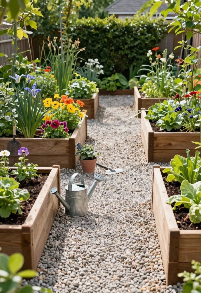 15 Pea Gravel Backyard Ideas With Simple Rustic Texture - 6. Elevated Garden Beds with Pea Gravel Paths 1