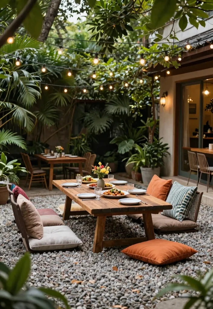 15 Pea Gravel Backyard Ideas With Simple Rustic Texture - 7. Outdoor Dining Area with Gravel Flooring 1