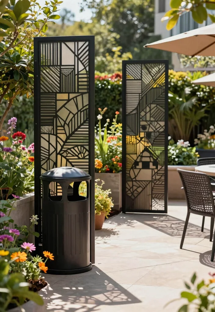 15 Trash Can Fence Ideas That Hide Clutter Stylishly - 5. Artistic Metal Screens 1