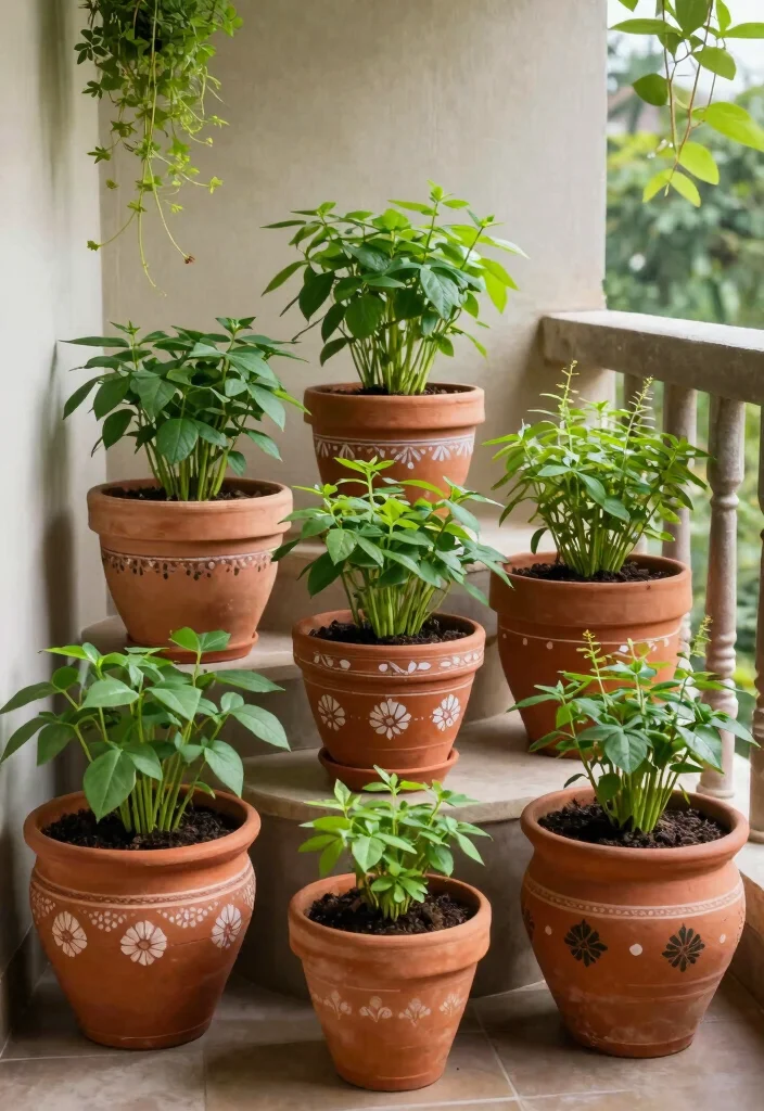 15 Tulasi Kota Designs in Balcony Ideas With Traditional Touch - 1. Traditional Terracotta Pots 1
