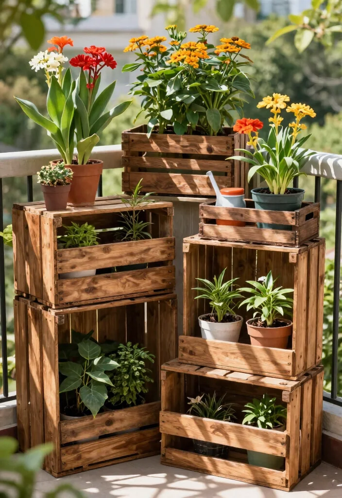 15 Tulasi Kota Designs in Balcony Ideas With Traditional Touch - 11. Vintage Wooden Crates 1