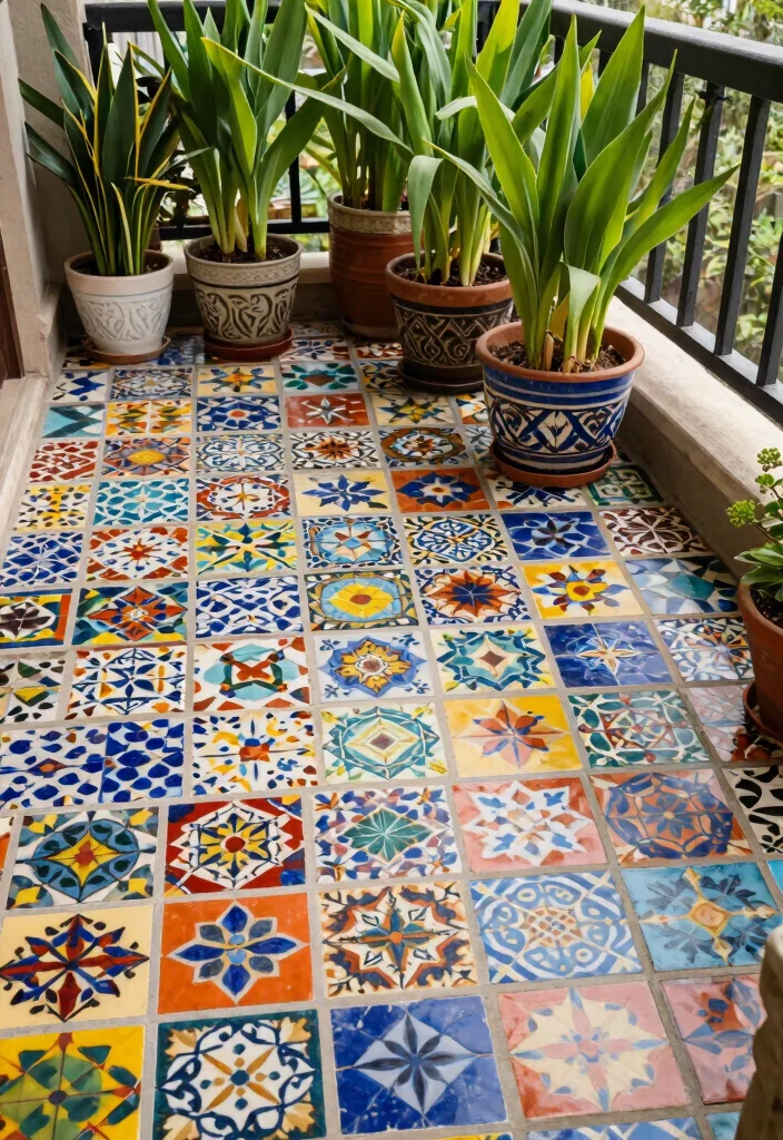 15 Tulasi Kota Designs in Balcony Ideas With Traditional Touch - 12. Mosaic Tiles 1