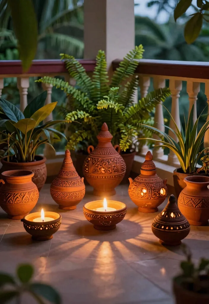 15 Tulasi Kota Designs in Balcony Ideas With Traditional Touch - 4. Ethnic Clay Lamps 1