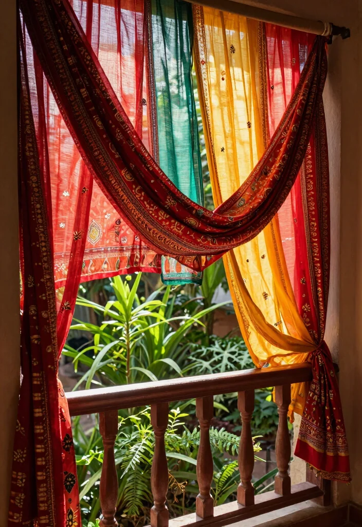 15 Tulasi Kota Designs in Balcony Ideas With Traditional Touch - 5. Ethnic Fabric Drapes 1