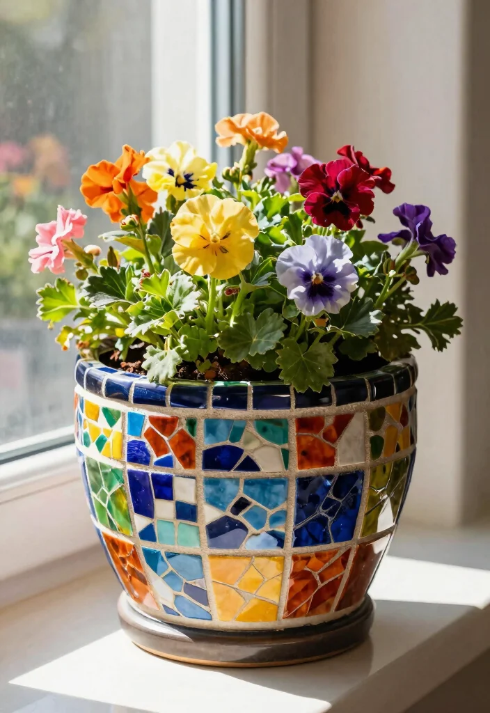 15 Window Planter Ideas That Add Instant Color 15 15 Window Planter Ideas That Add Instant Color - 15. Artistic Mosaic Planters 1