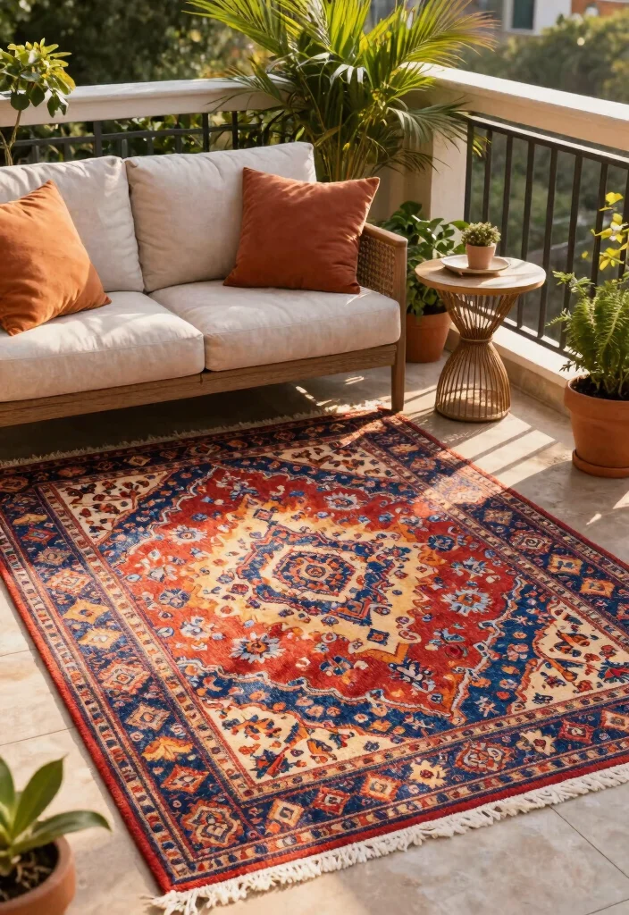 16 Back Balcony Ideas That Feel Private & Relaxing - 4. Outdoor Rugs for Comfort 1