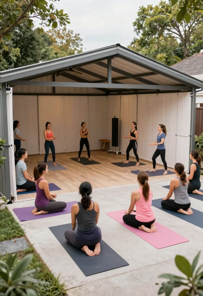 16 Backyard Gym Shed Ideas for a Functional Outdoor Studio - 15. Community Group Gym 1