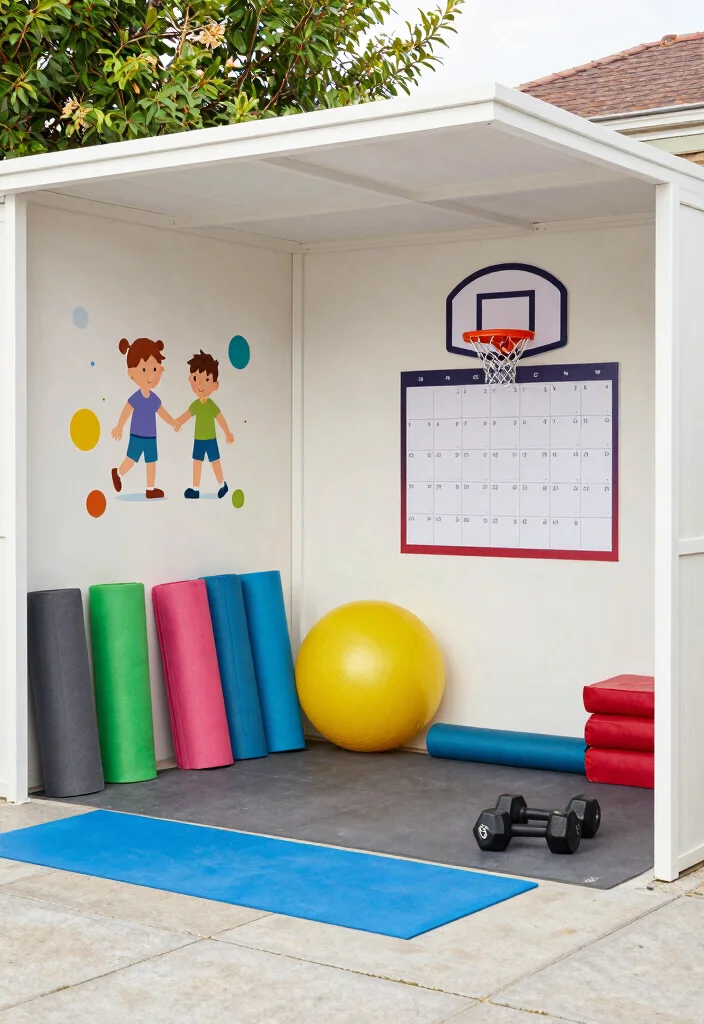 16 Backyard Gym Shed Ideas for a Functional Outdoor Studio - 7. Creative Family Fitness Space 1