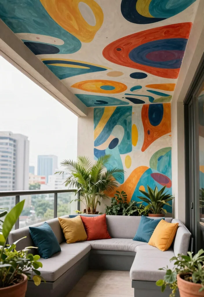 16 Balcony Pop Design Ideas With Trendy Ceiling Style - 10. Artistic Ceiling Murals 1