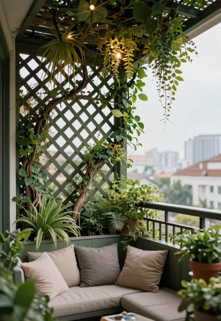 16 Balcony Pop Design Ideas With Trendy Ceiling Style - 15. Nature-Inspired Ceiling Lattice 1