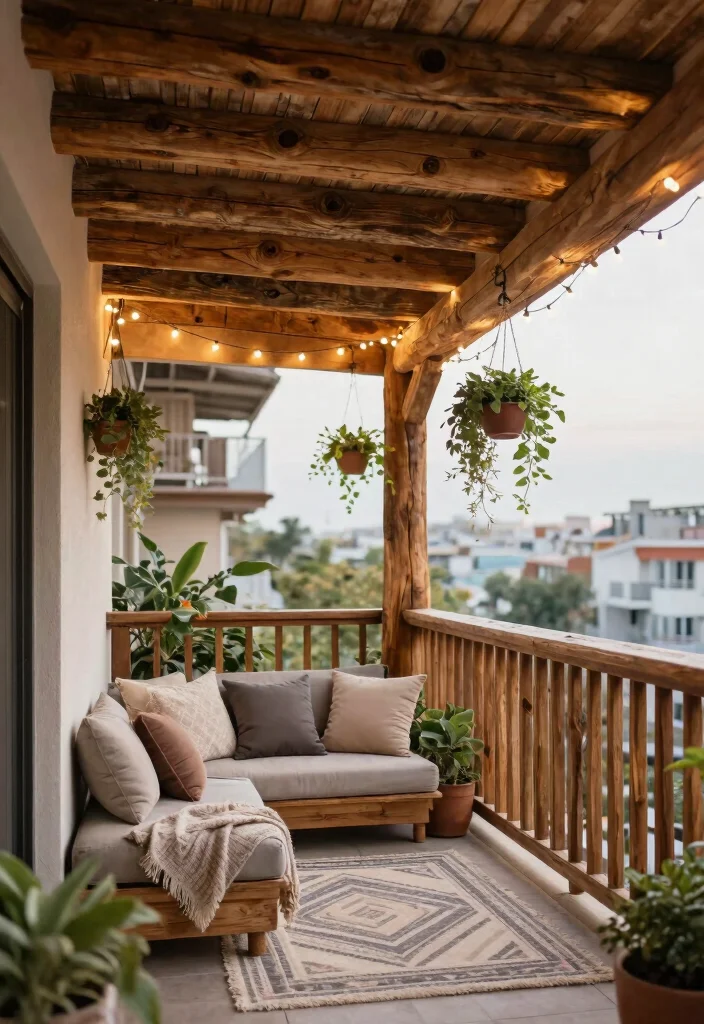 16 Balcony Pop Design Ideas With Trendy Ceiling Style - 2. Rustic Wood Beams 1