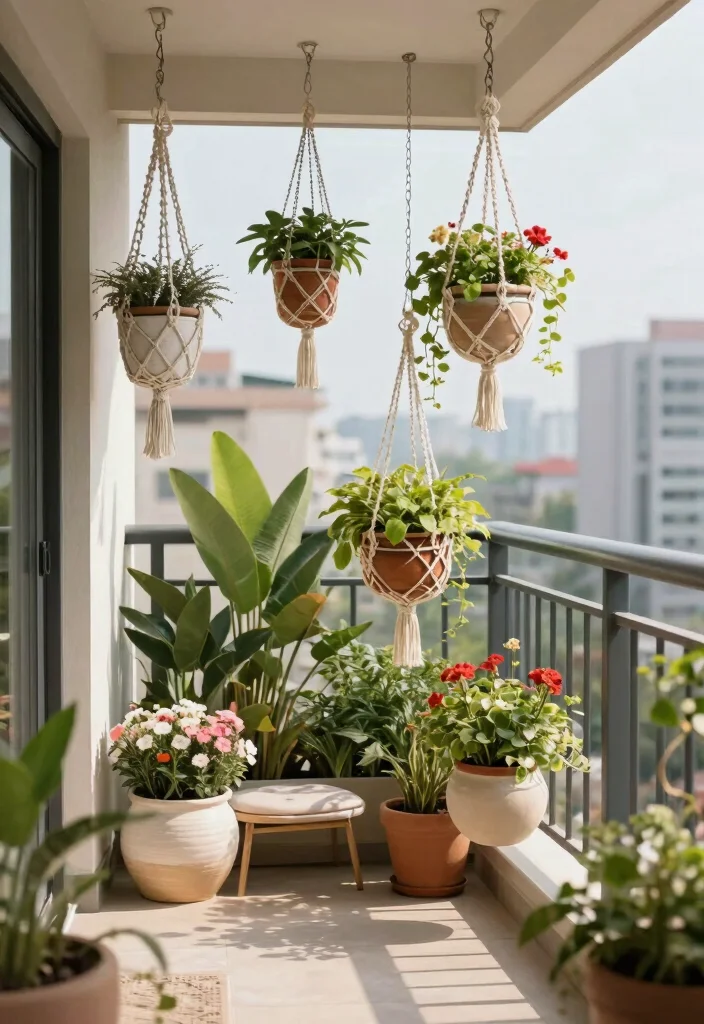 16 Balcony Pop Design Ideas With Trendy Ceiling Style - 3. Chic Hanging Planters 1