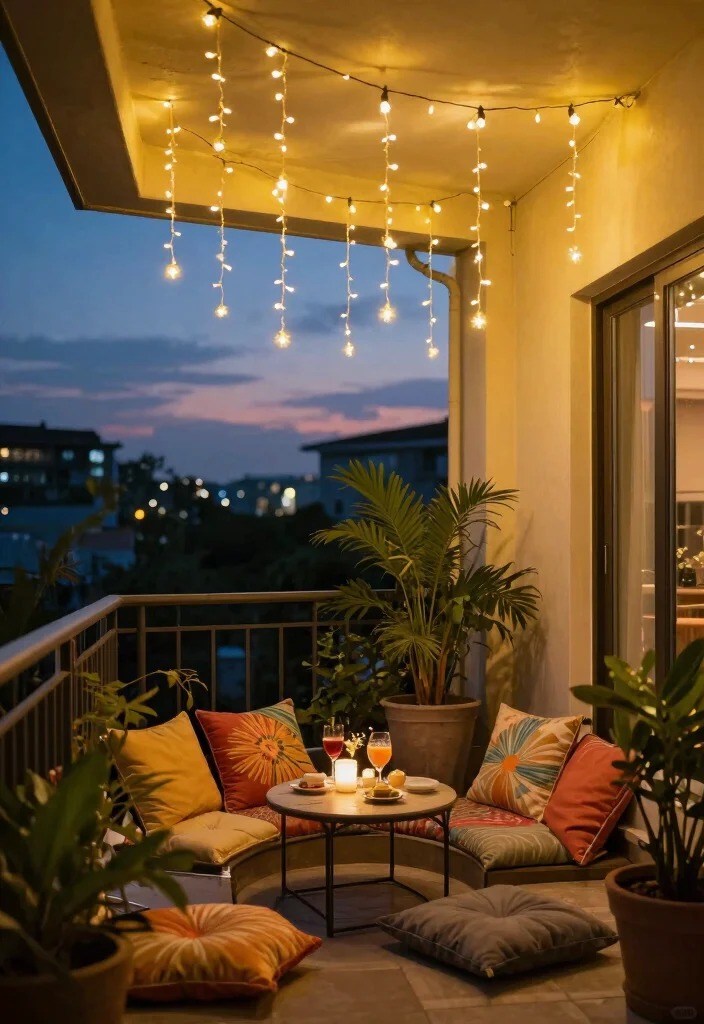 16 Balcony Pop Design Ideas With Trendy Ceiling Style - 5. Playful String Lights 1