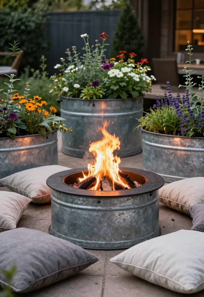 16 Galvanized Planter Ideas With Rustic Farmhouse Vibes - 7. Galvanized Planter Fire Pit Surround 1