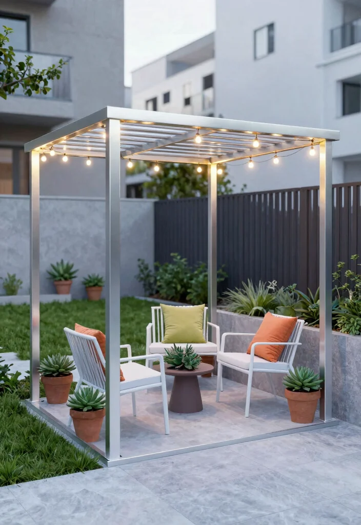 16 Lean to Pergola Ideas That Fit Small Spaces - 1. Minimalist Metal Lean to Pergola 1