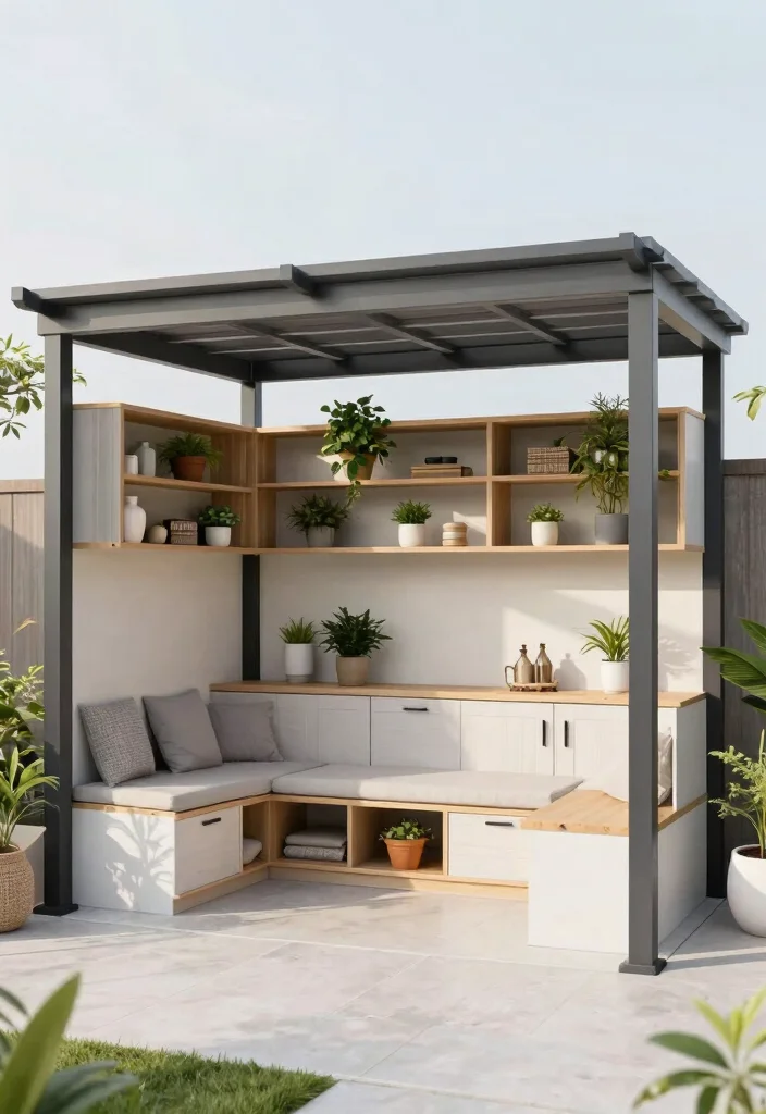 16 Lean to Pergola Ideas That Fit Small Spaces - 14. Lean to Pergola with Built-in Storage Solutions 1