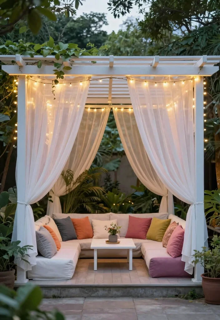 16 Lean to Pergola Ideas That Fit Small Spaces - 3. Chic White Lean to Pergola with Drapes 1
