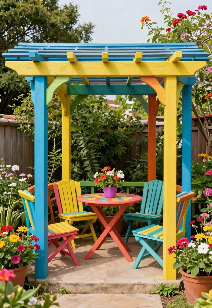 16 Lean to Pergola Ideas That Fit Small Spaces - 6. Colorful Painted Lean to Pergola 1