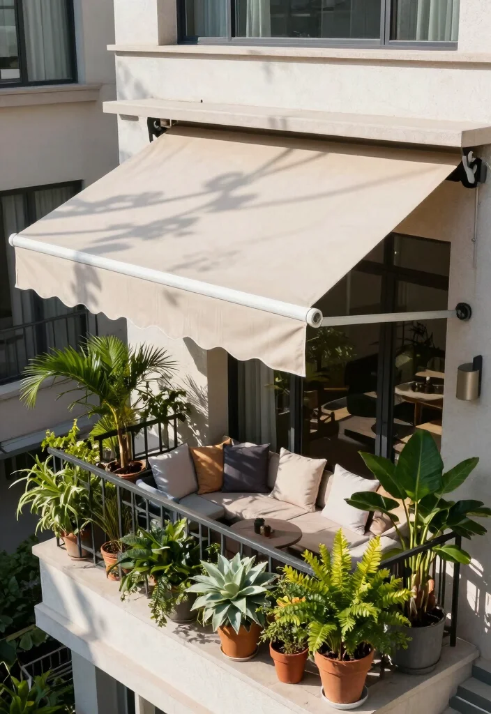 16 Terrace Ideas for Small Balcony Design That Feel Spacious - 12. Install Awnings for Shade and Style 1
