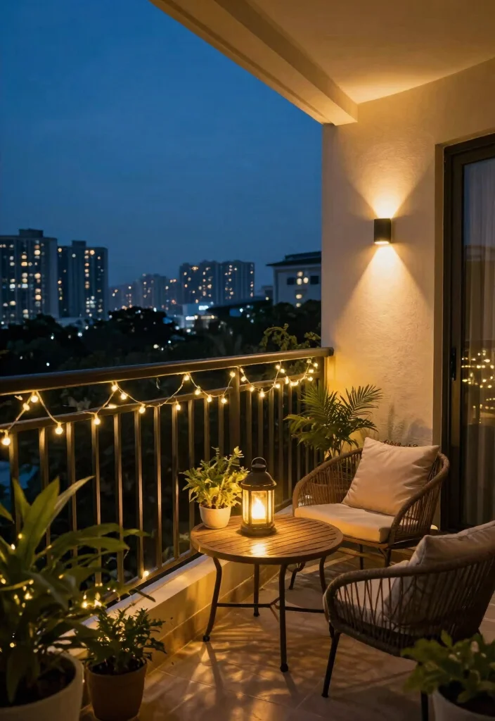 16 Terrace Ideas for Small Balcony Design That Feel Spacious - 6. Add Layered Lighting 1